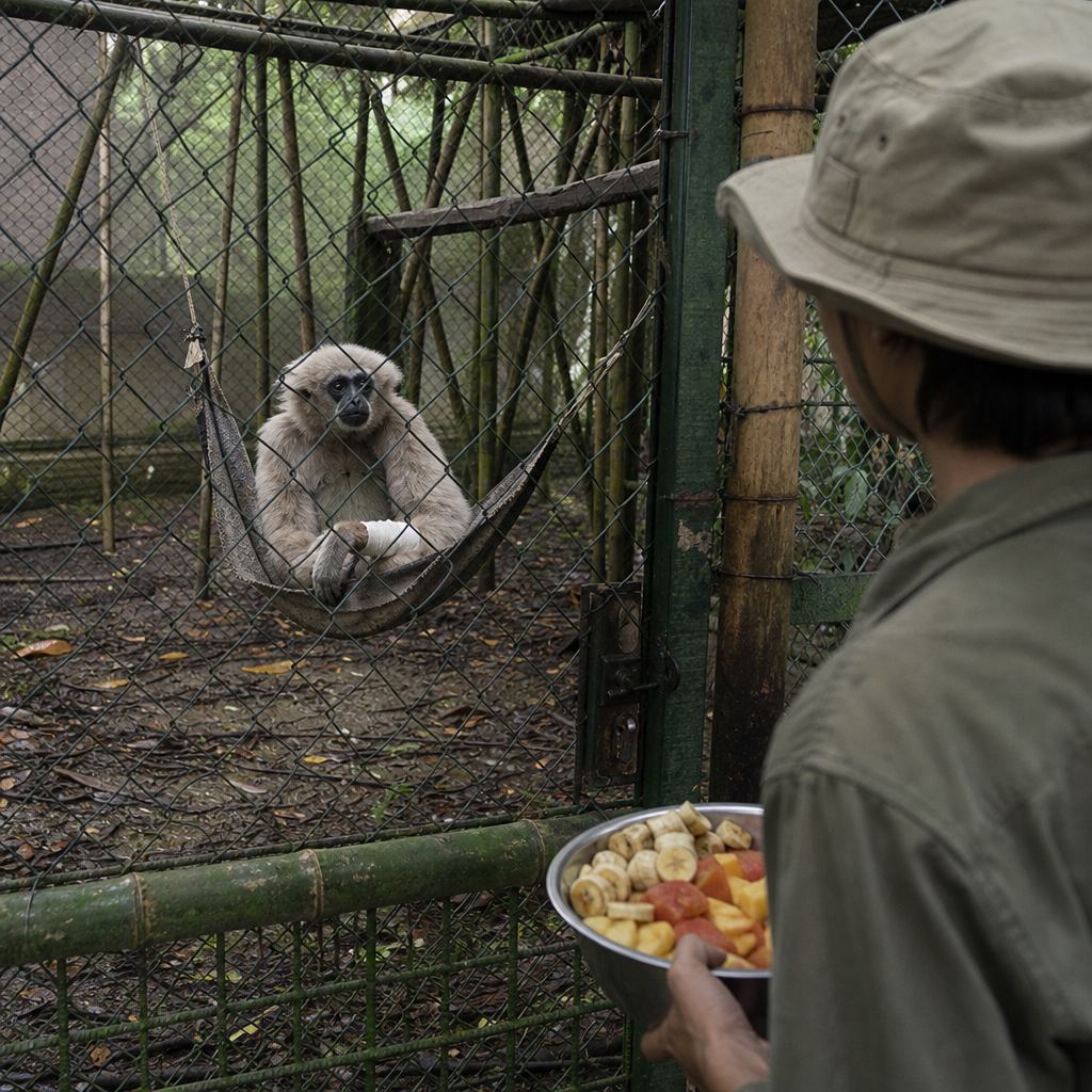 Recovering gibbon in a hammock inside a mesh sanctuary enclosure