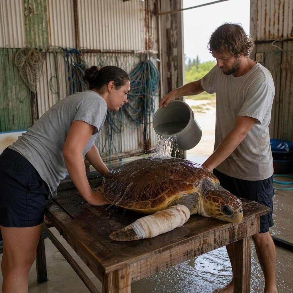 Sea turtle with a wrapped flipper in a coastal rescue shed